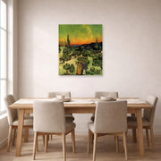 Unframed poster print of Vincent van Gogh's Landscape with Couple Walking and Crescent Moon displayed on a wall in a dining room