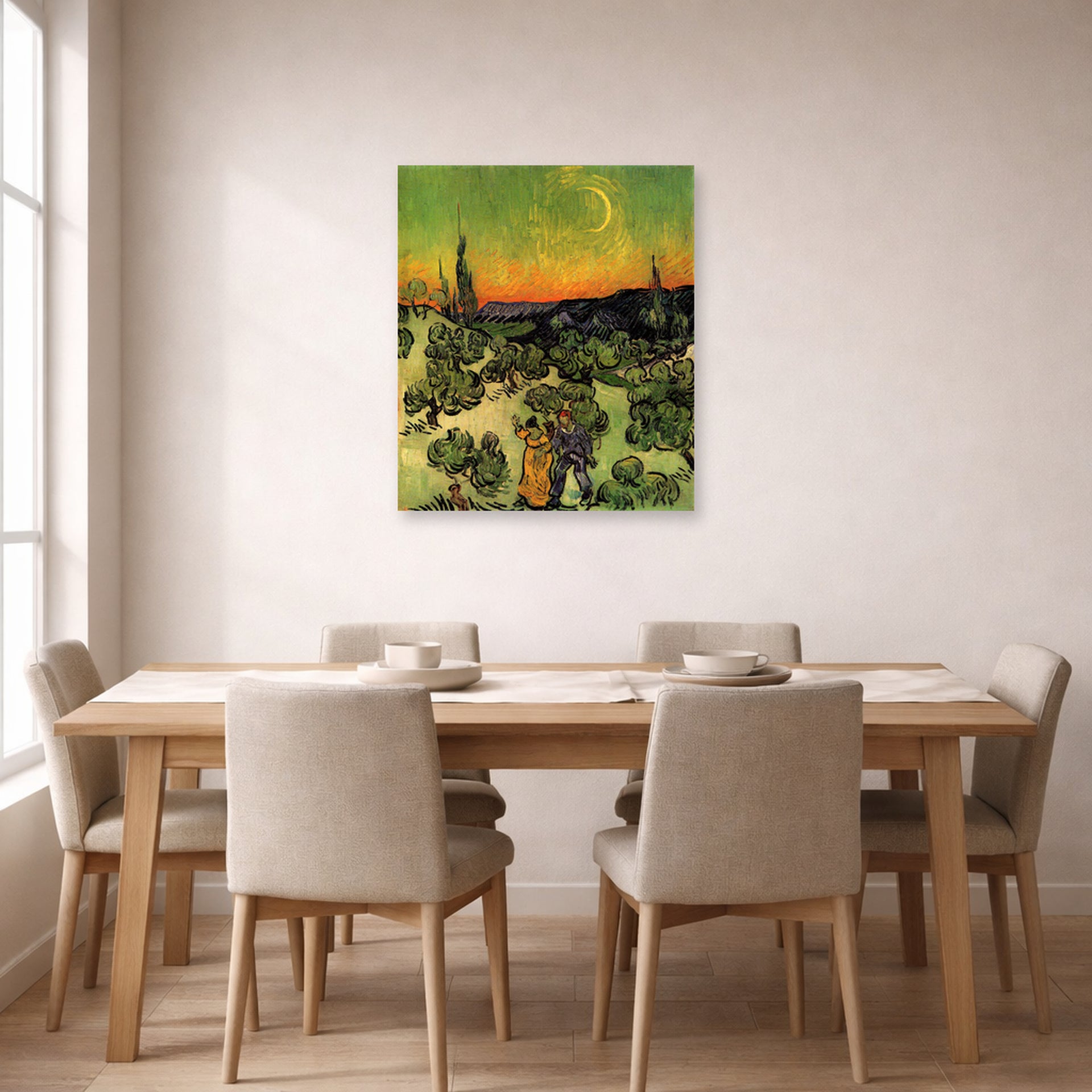 Unframed poster print of Vincent van Gogh's Landscape with Couple Walking and Crescent Moon displayed on a wall in a dining room