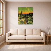 Unframed poster print of Vincent van Gogh's Landscape with Couple Walking and Crescent Moon displayed on a wall in a living room