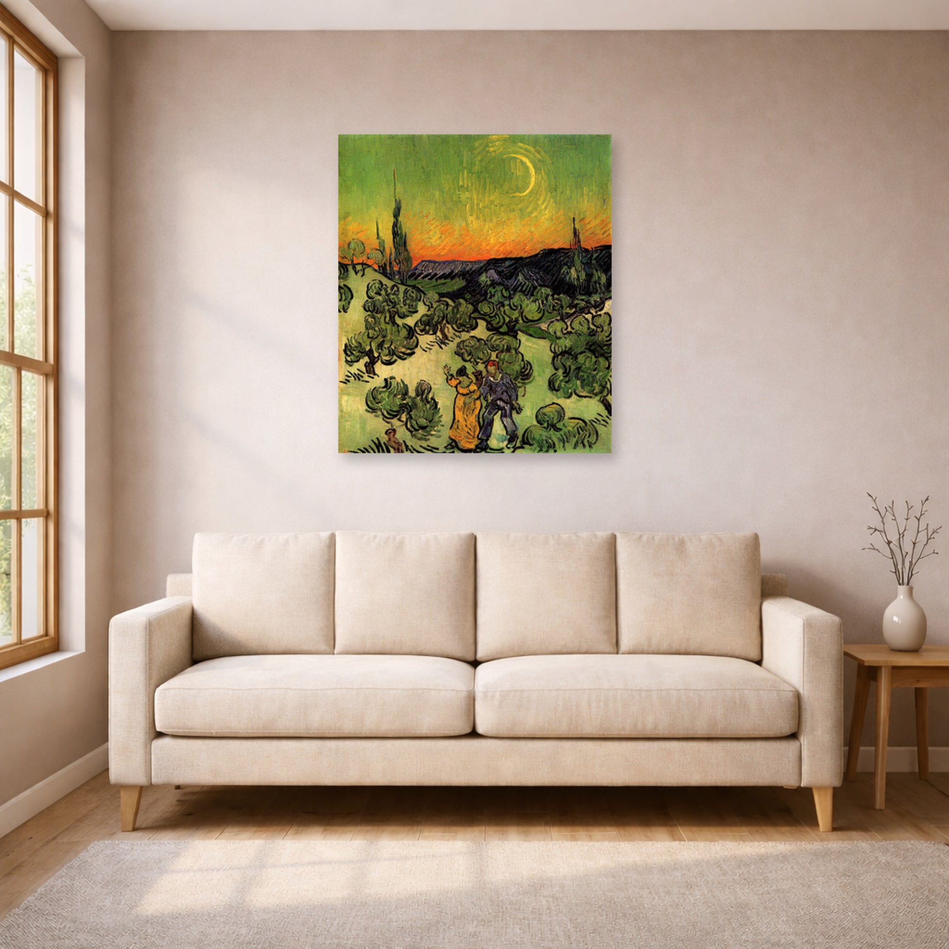 Unframed poster print of Vincent van Gogh's Landscape with Couple Walking and Crescent Moon displayed on a wall in a living room