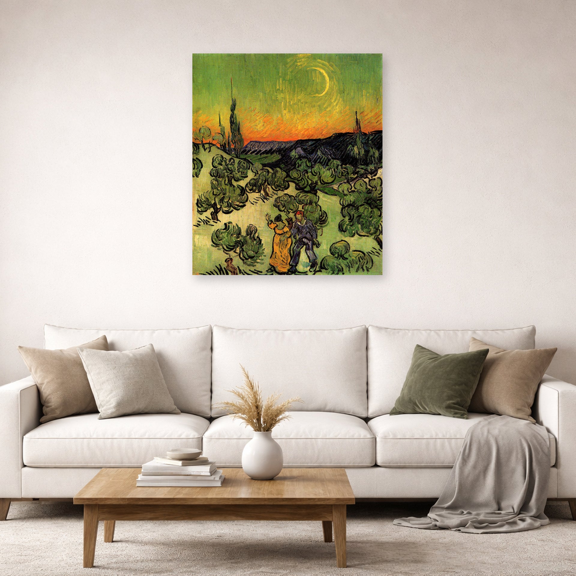 Unframed poster print of Vincent van Gogh's Landscape with Couple Walking and Crescent Moon displayed on a wall in a living room