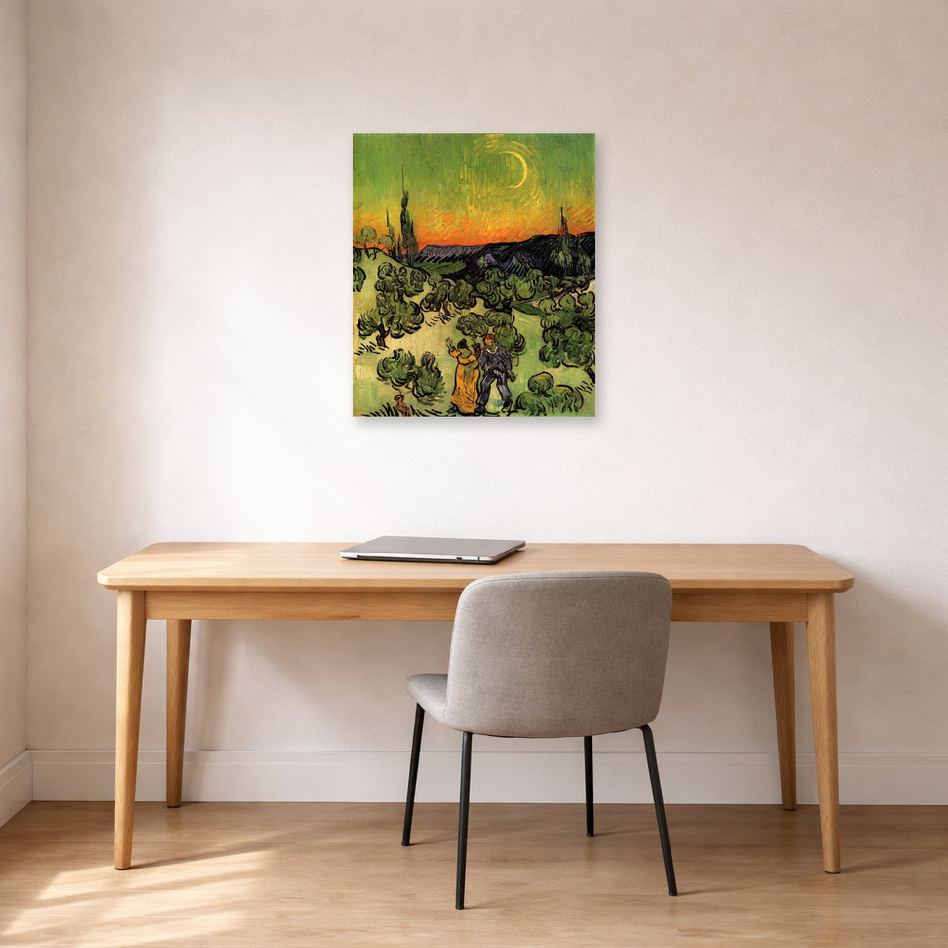 Unframed poster print of Vincent van Gogh's Landscape with Couple Walking and Crescent Moon displayed on a wall in a home office