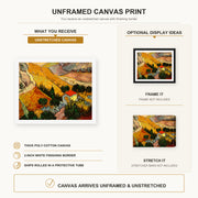 Vincent van Gogh - Landscape with House and Ploughman canvas print size comparison and framing display infographic