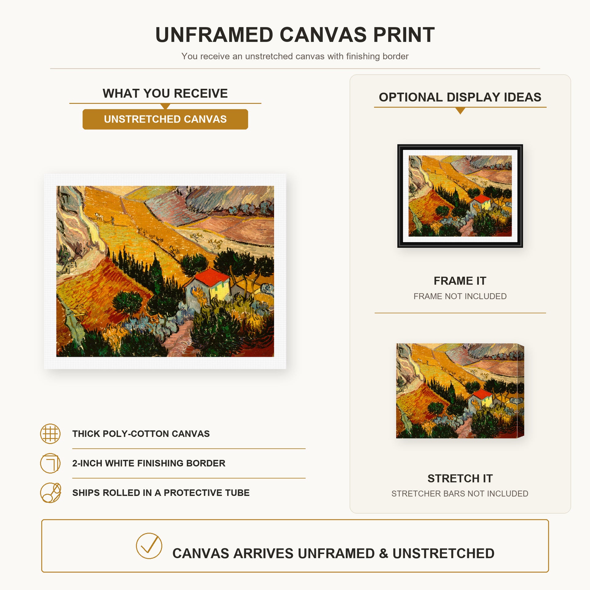 Vincent van Gogh - Landscape with House and Ploughman canvas print size comparison and framing display infographic