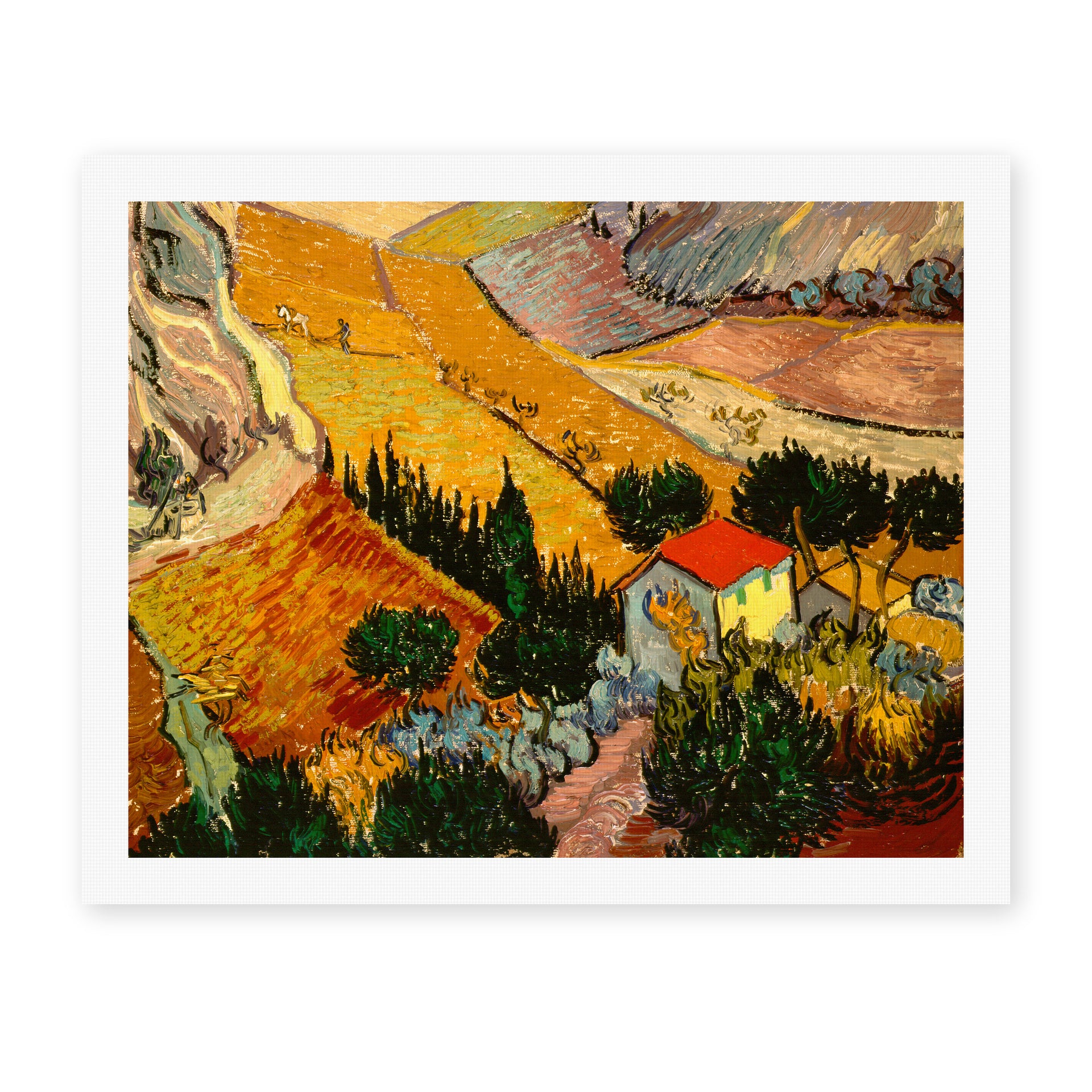 Vincent van Gogh's 'Landscape with House and Ploughman' painting reproduced as a rolled canvas print