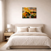 Gallery-wrapped canvas print of Vincent van Gogh's Landscape with House and Ploughman displayed on a wall in a bedroom