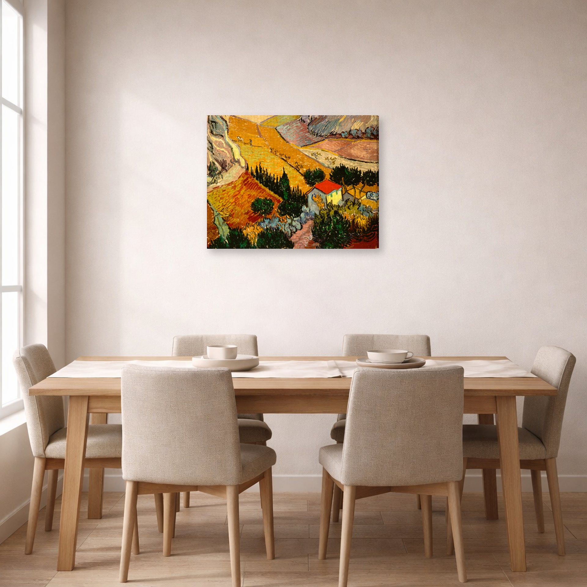 Gallery-wrapped canvas print of Vincent van Gogh's Landscape with House and Ploughman displayed on a wall in a dining room