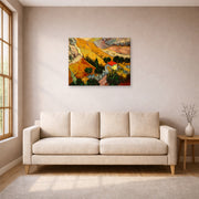 Gallery-wrapped canvas print of Vincent van Gogh's Landscape with House and Ploughman displayed on a wall in a living room