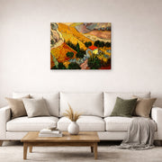 Gallery-wrapped canvas print of Vincent van Gogh's Landscape with House and Ploughman displayed on a wall in a living room