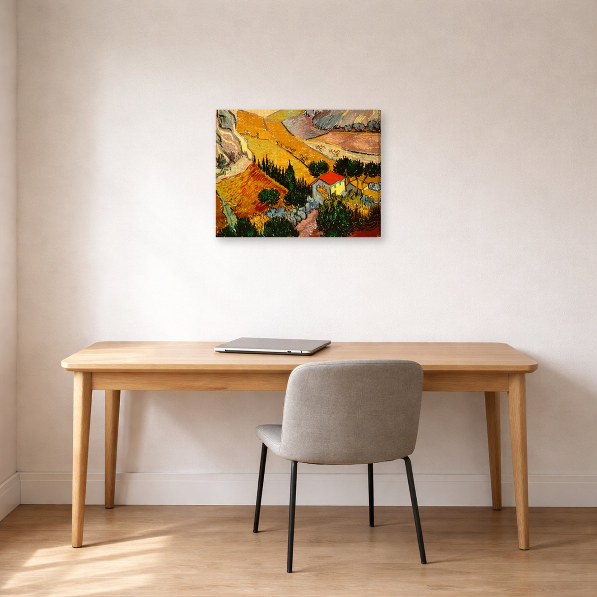 Gallery-wrapped canvas print of Vincent van Gogh's Landscape with House and Ploughman displayed on a wall in a home office