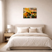 Unframed poster print of Vincent van Gogh's Landscape with House and Ploughman displayed on a wall in a bedroom
