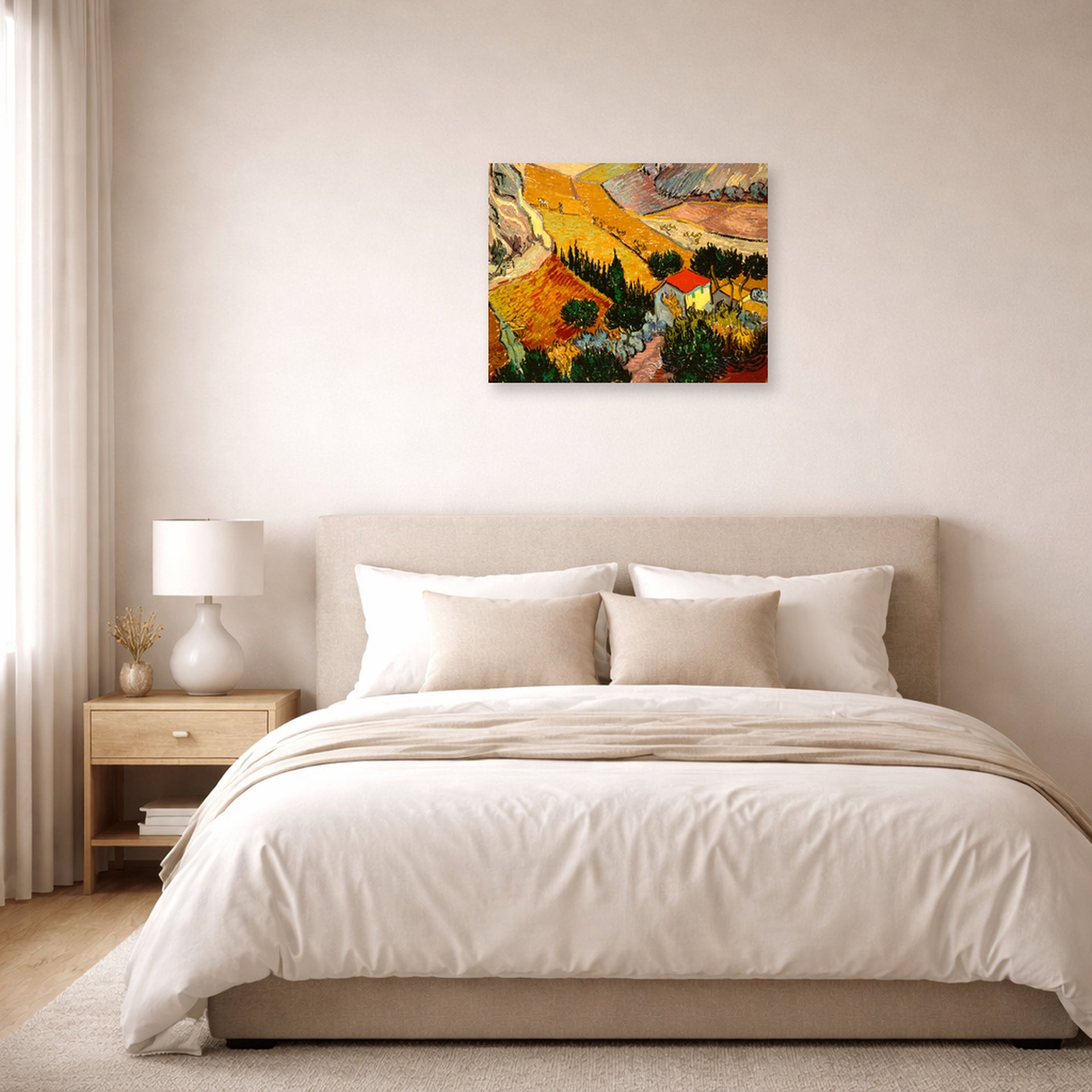 Unframed poster print of Vincent van Gogh's Landscape with House and Ploughman displayed on a wall in a bedroom