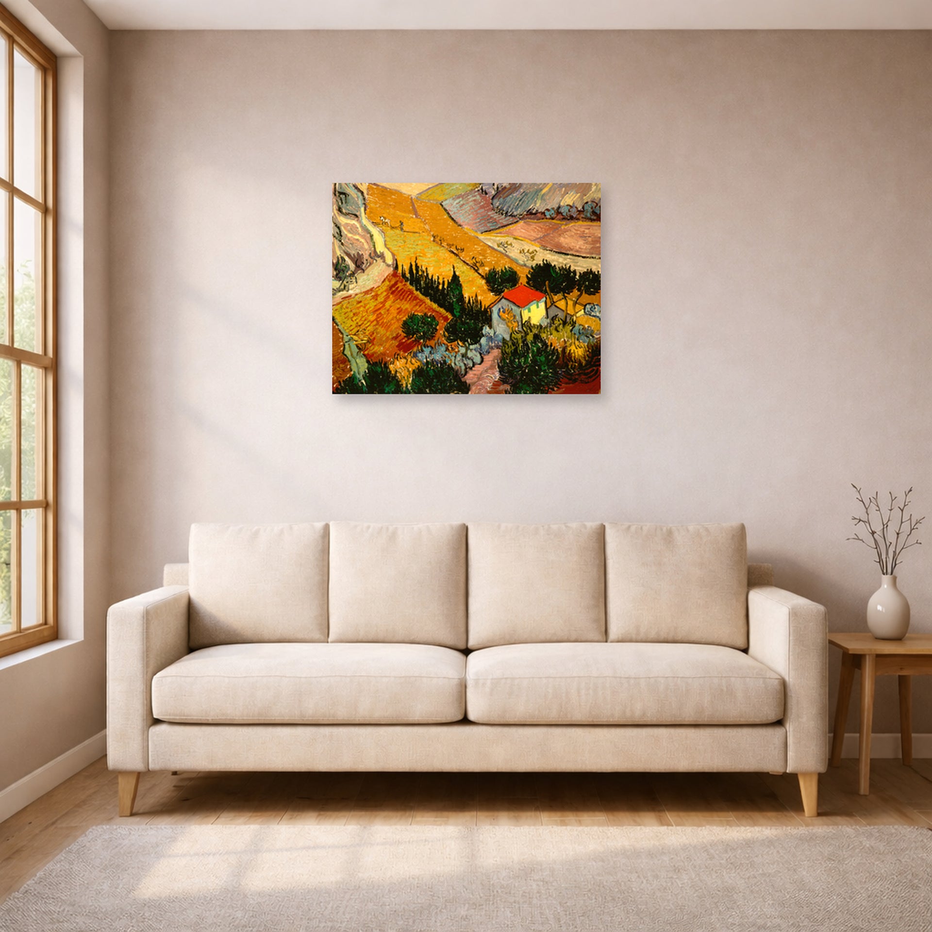 Unframed poster print of Vincent van Gogh's Landscape with House and Ploughman displayed on a wall in a living room