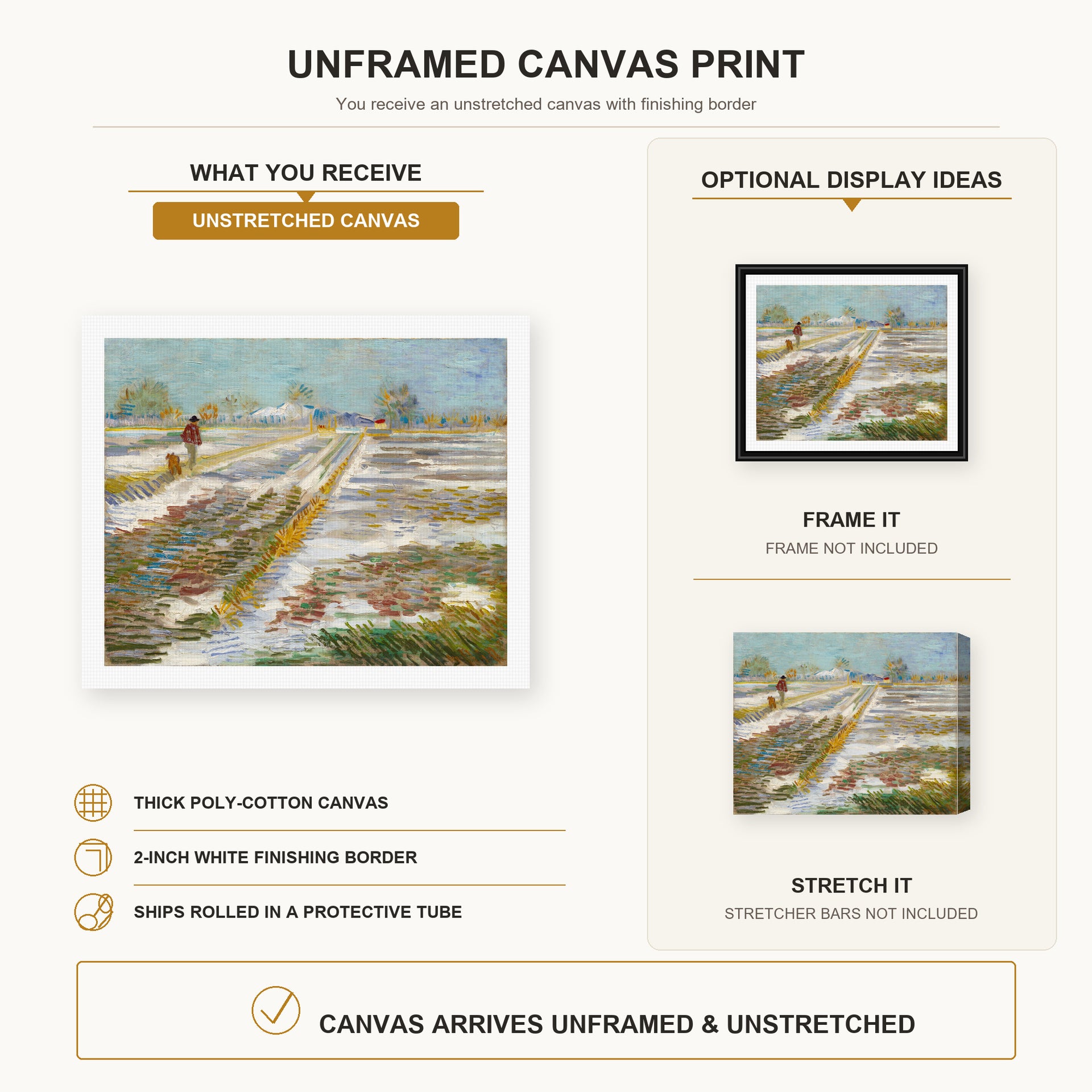 Vincent van Gogh - Landscape with Snow canvas print size comparison and framing display infographic