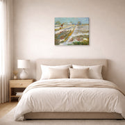 Gallery-wrapped canvas print of Vincent van Gogh's Landscape with Snow displayed on a wall in a bedroom