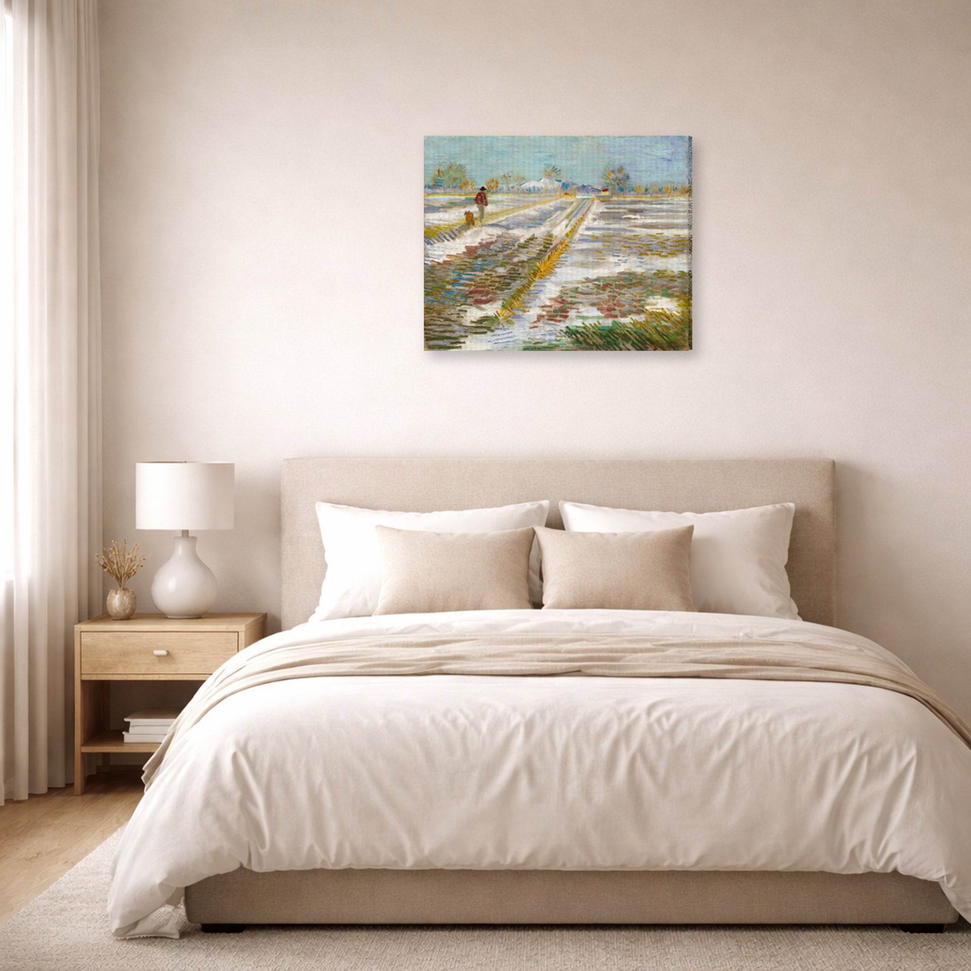 Gallery-wrapped canvas print of Vincent van Gogh's Landscape with Snow displayed on a wall in a bedroom