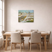 Gallery-wrapped canvas print of Vincent van Gogh's Landscape with Snow displayed on a wall in a dining room