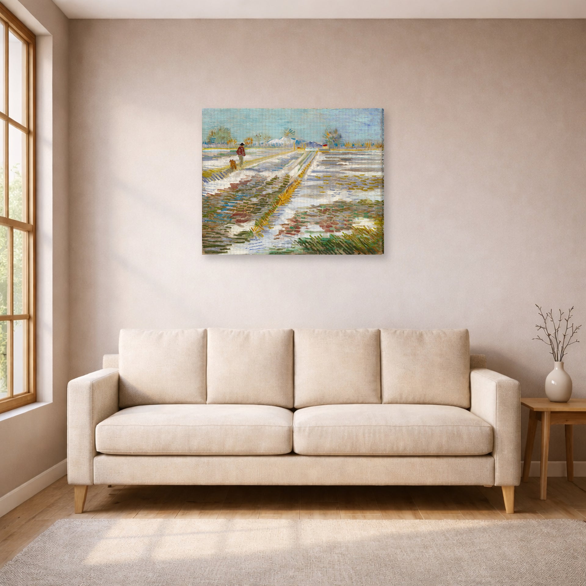 Gallery-wrapped canvas print of Vincent van Gogh's Landscape with Snow displayed on a wall in a living room