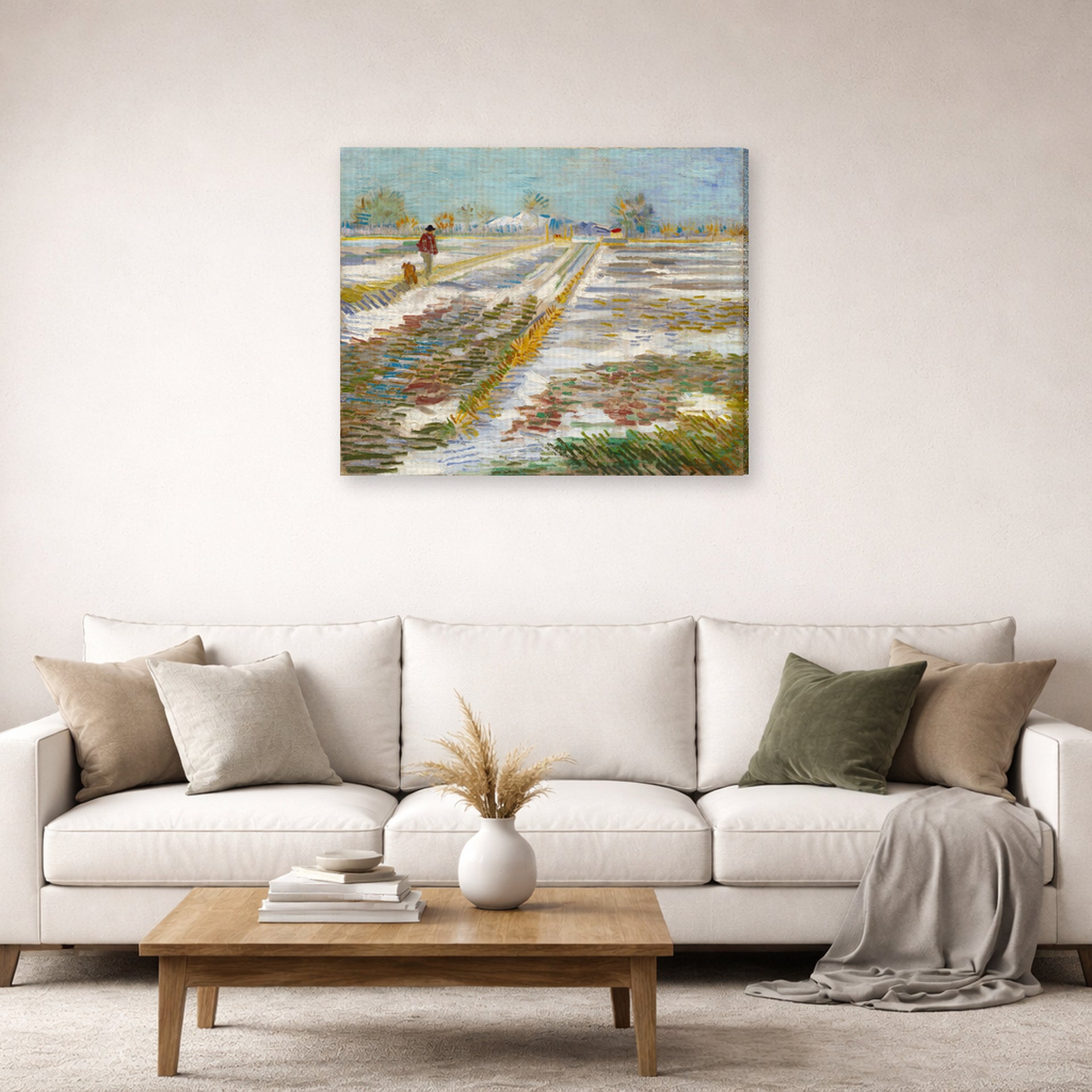 Gallery-wrapped canvas print of Vincent van Gogh's Landscape with Snow displayed on a wall in a living room