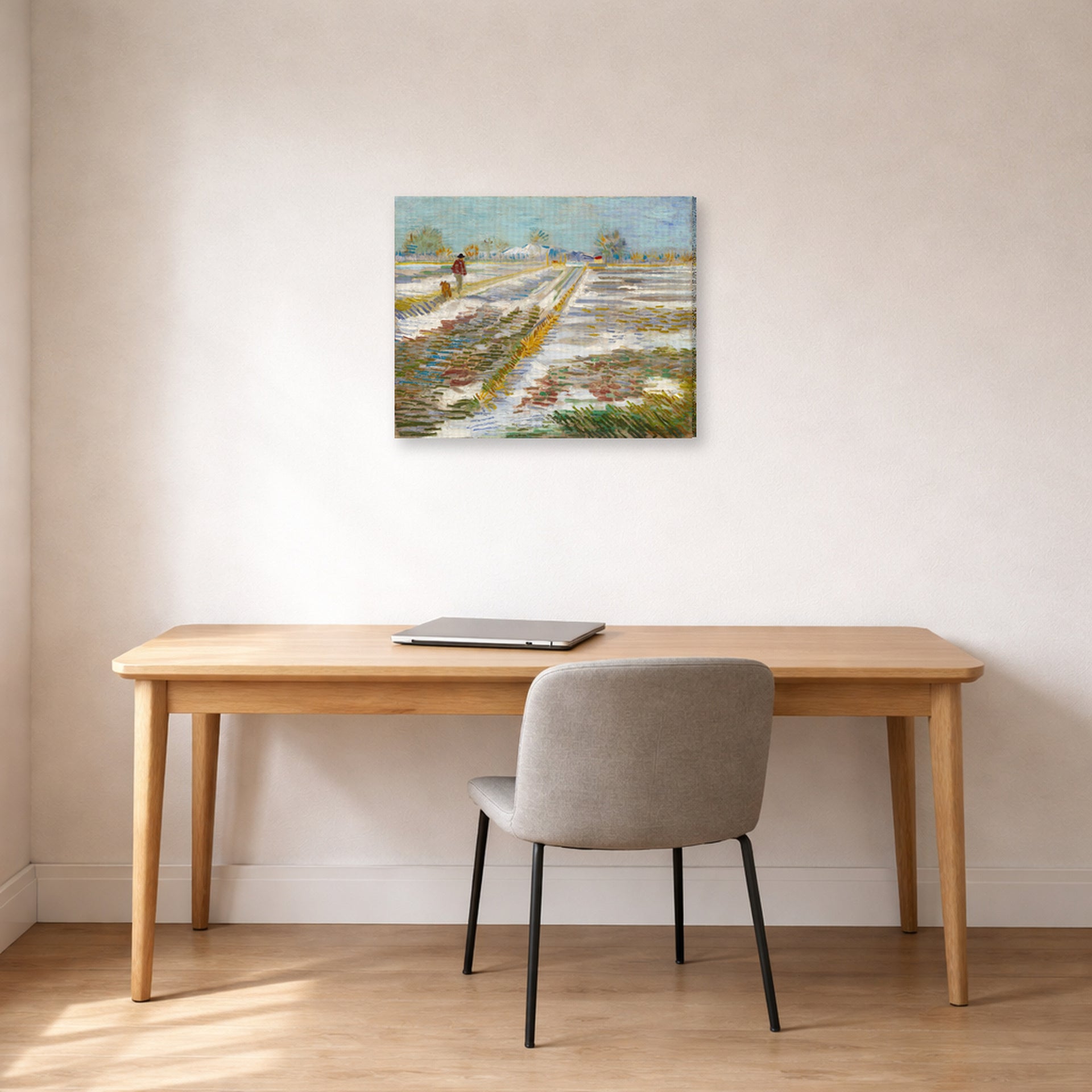 Gallery-wrapped canvas print of Vincent van Gogh's Landscape with Snow displayed on a wall in a home office
