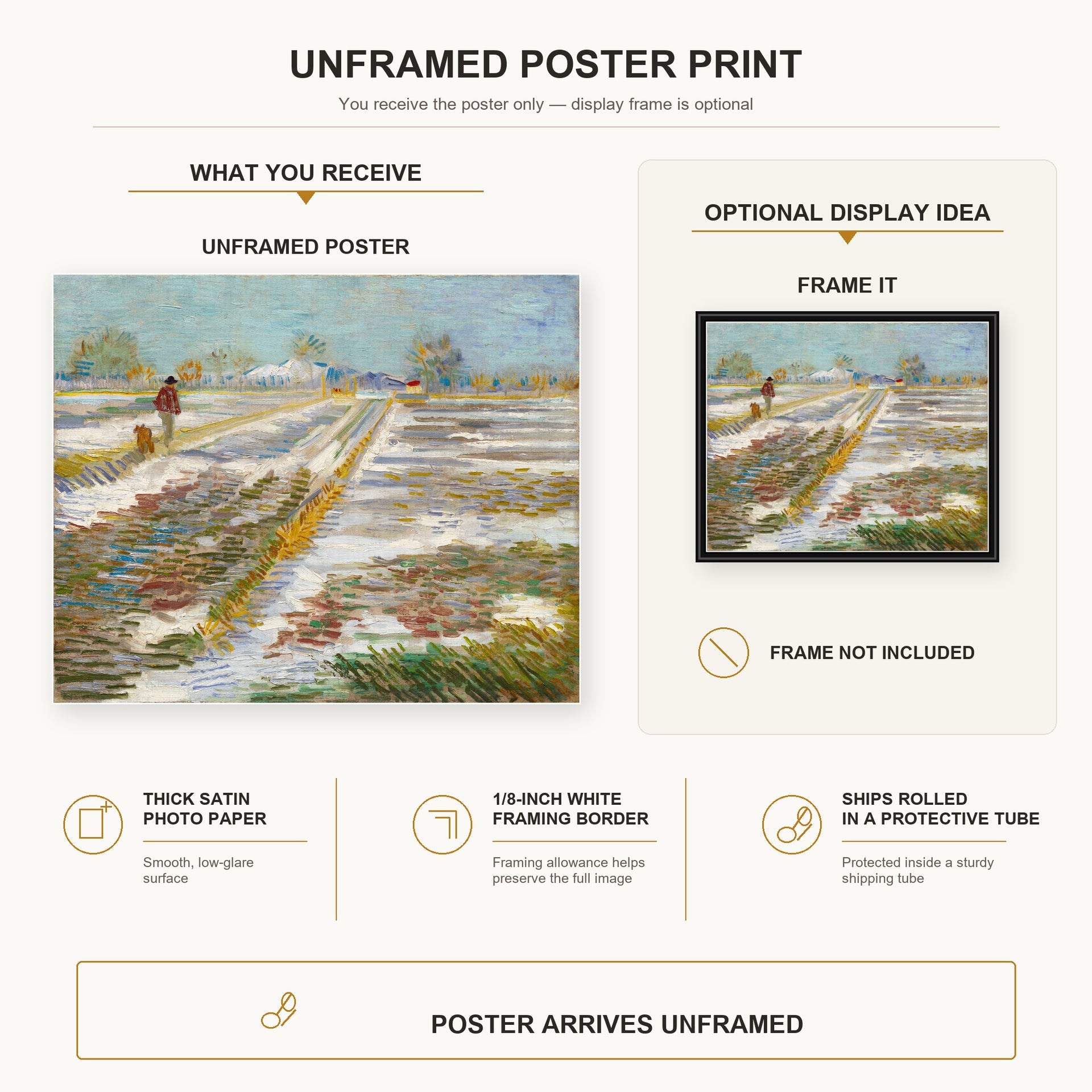 Vincent van Gogh - Landscape with Snow poster print size comparison and framing display infographic
