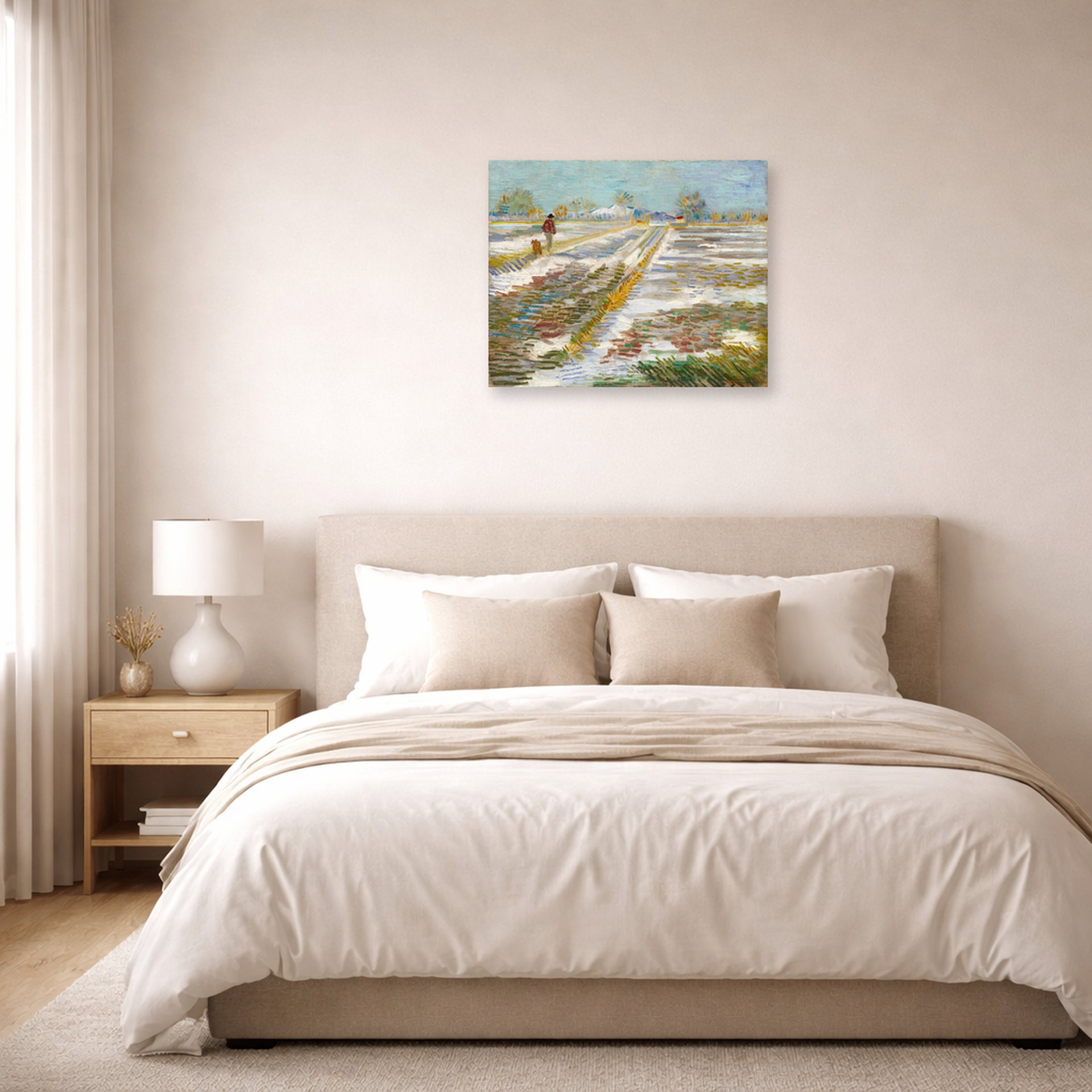 Unframed poster print of Vincent van Gogh's Landscape with Snow displayed on a wall in a bedroom