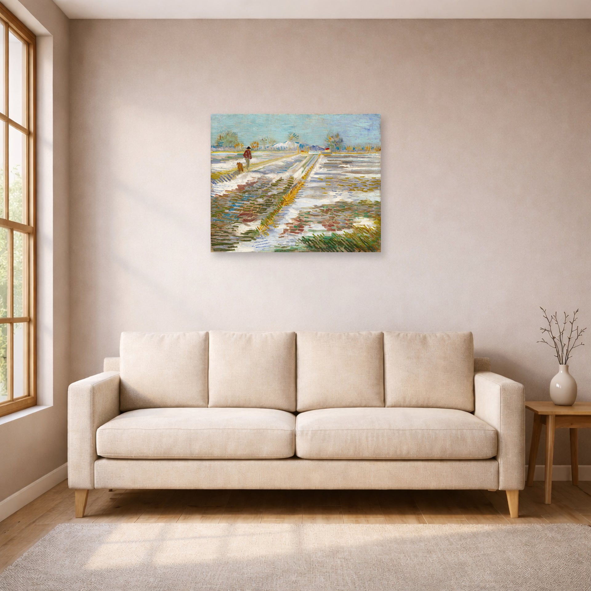 Unframed poster print of Vincent van Gogh's Landscape with Snow displayed on a wall in a living room