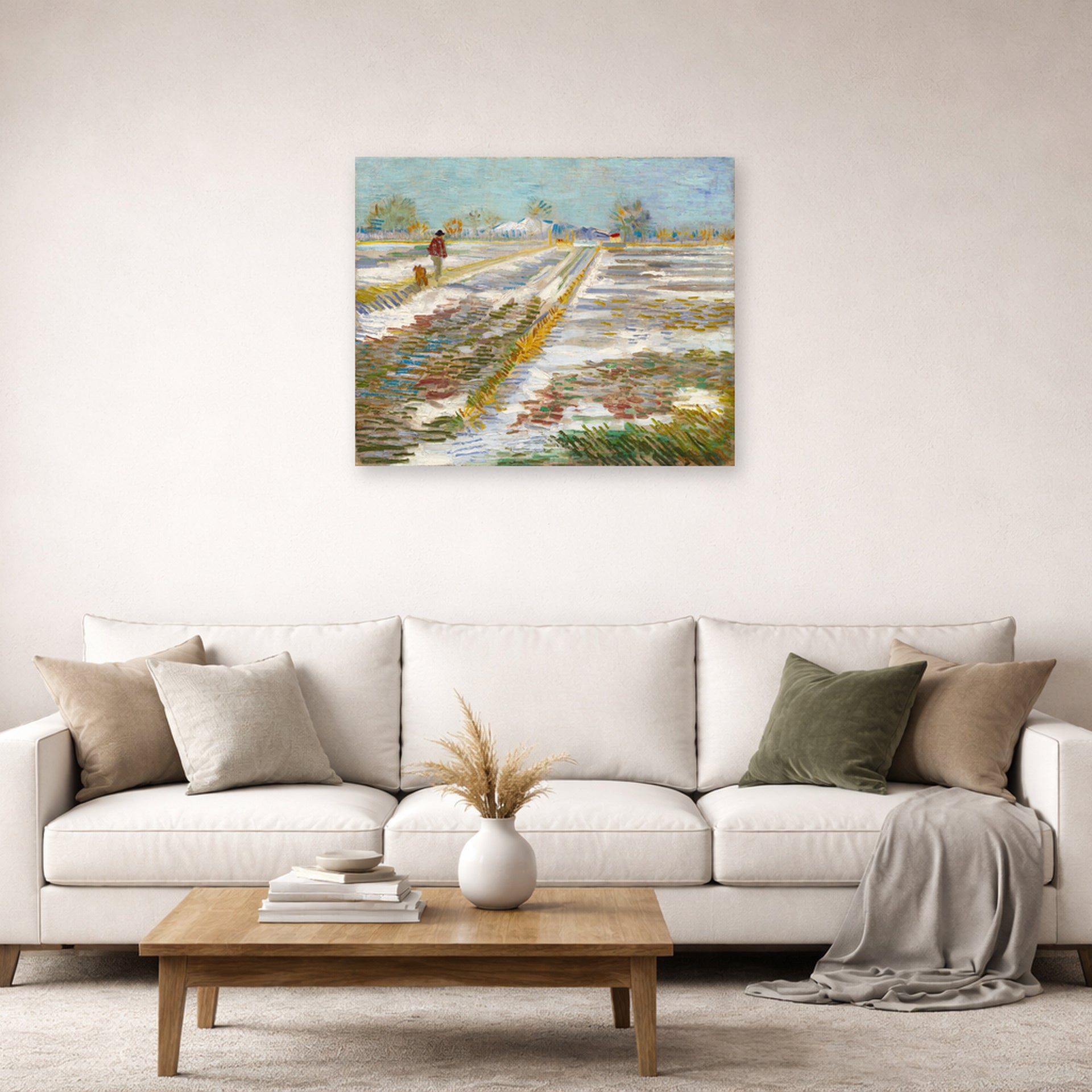 Unframed poster print of Vincent van Gogh's Landscape with Snow displayed on a wall in a living room