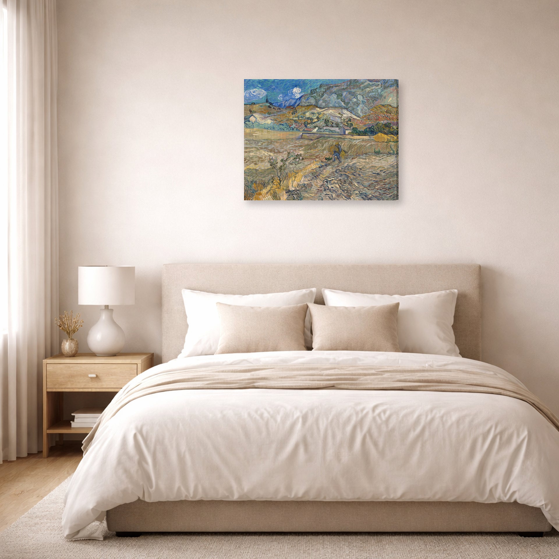 Gallery-wrapped canvas print of Vincent van Gogh's Landscape at Saint Rimy displayed on a wall in a bedroom