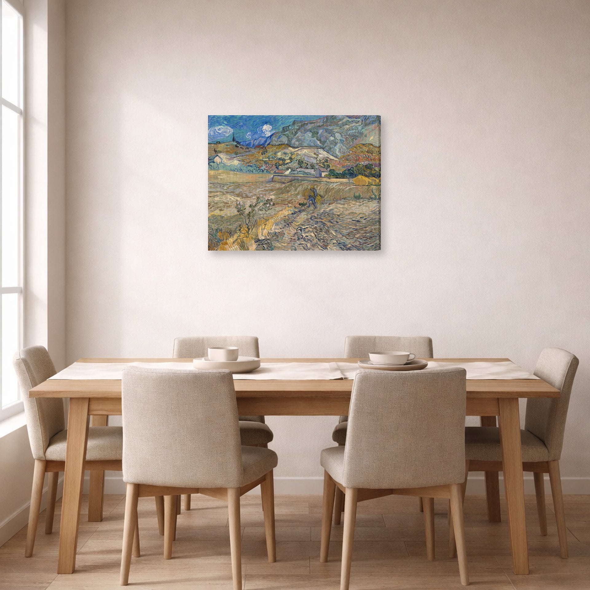 Gallery-wrapped canvas print of Vincent van Gogh's Landscape at Saint Rimy displayed on a wall in a dining room