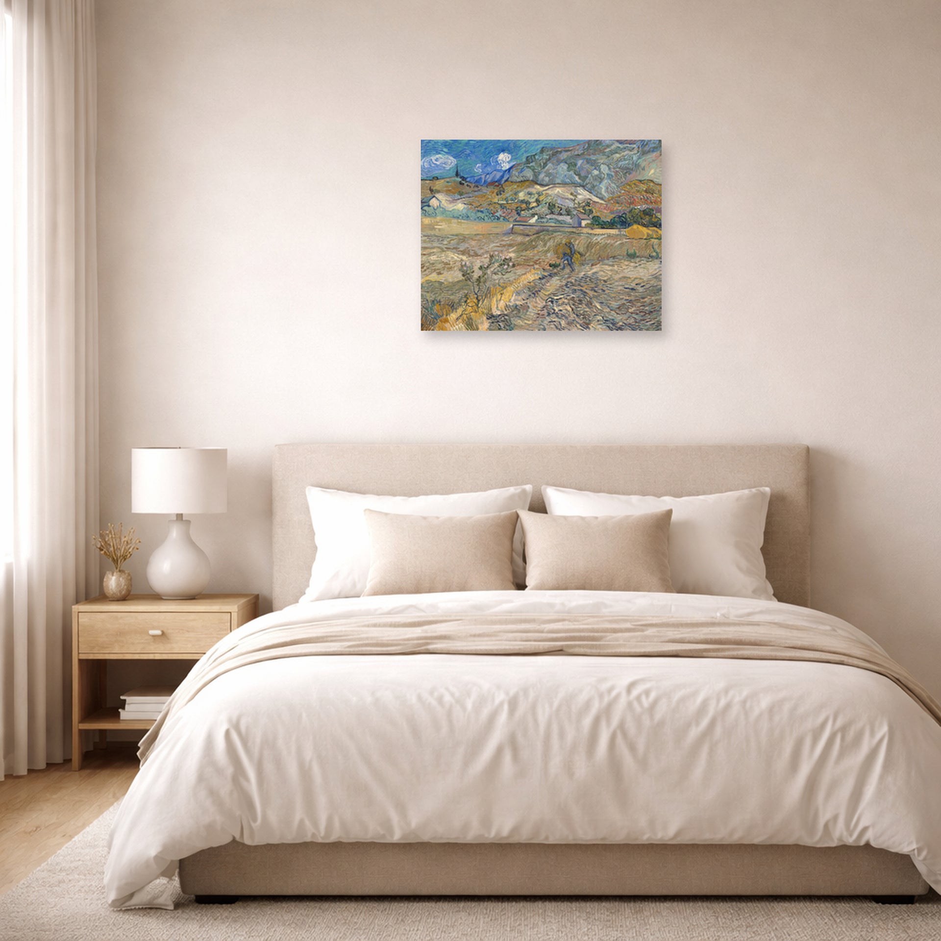 Unframed poster print of Vincent van Gogh's Landscape at Saint Rimy displayed on a wall in a bedroom
