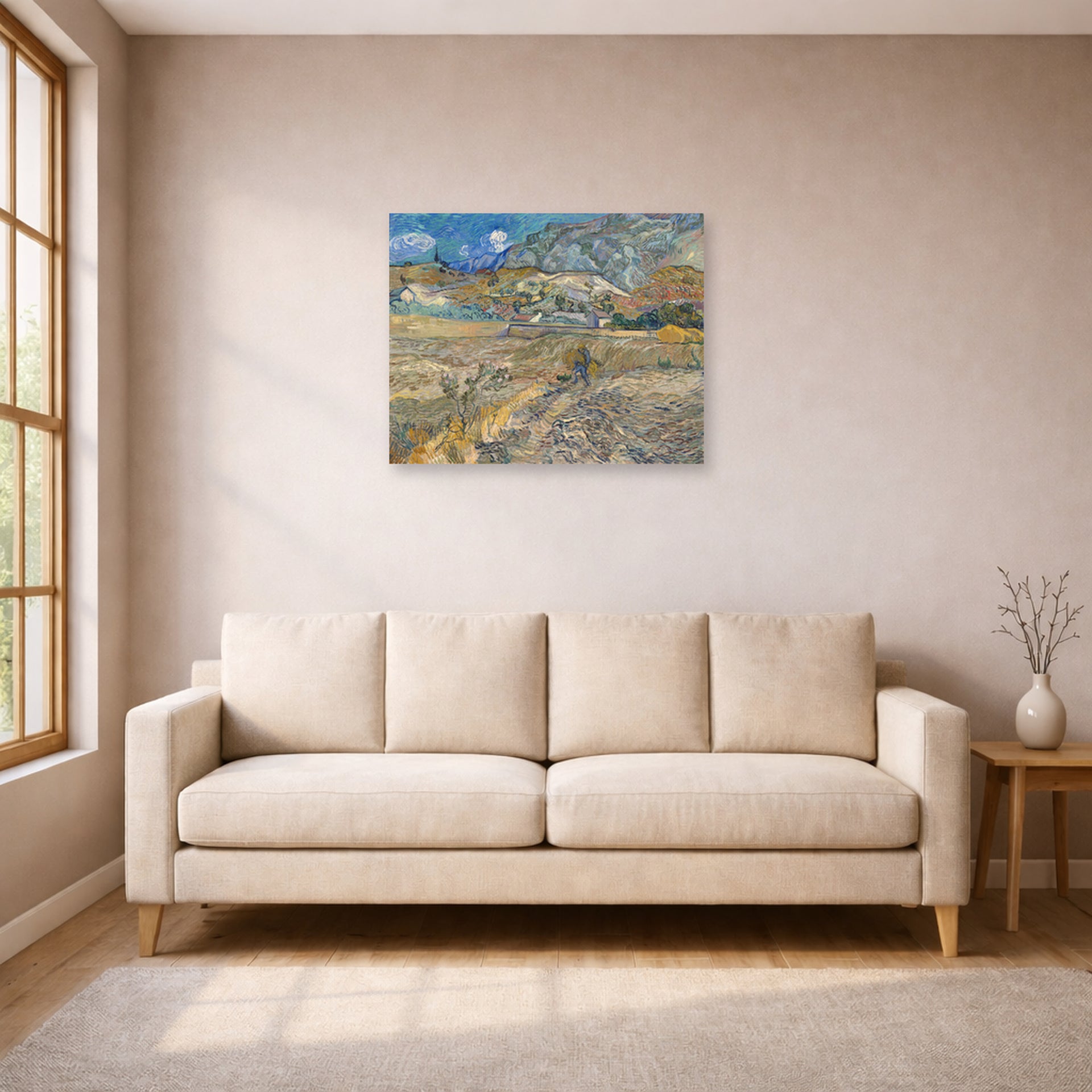 Unframed poster print of Vincent van Gogh's Landscape at Saint Rimy displayed on a wall in a living room