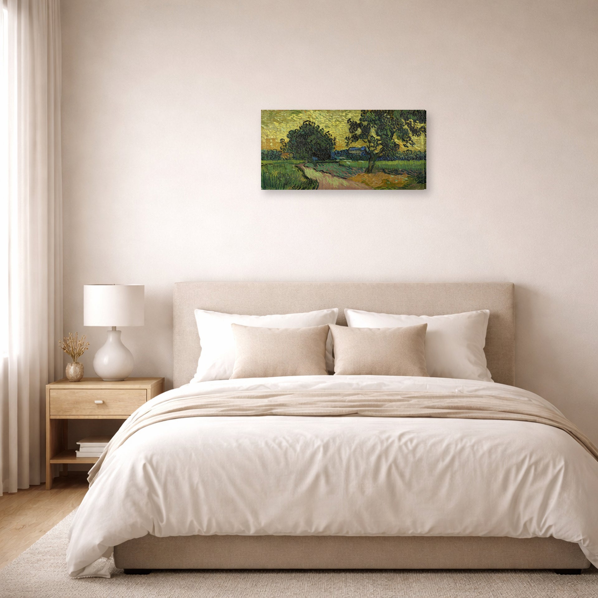 Gallery-wrapped canvas print of Vincent van Gogh's Landscape at Twilight displayed on a wall in a bedroom