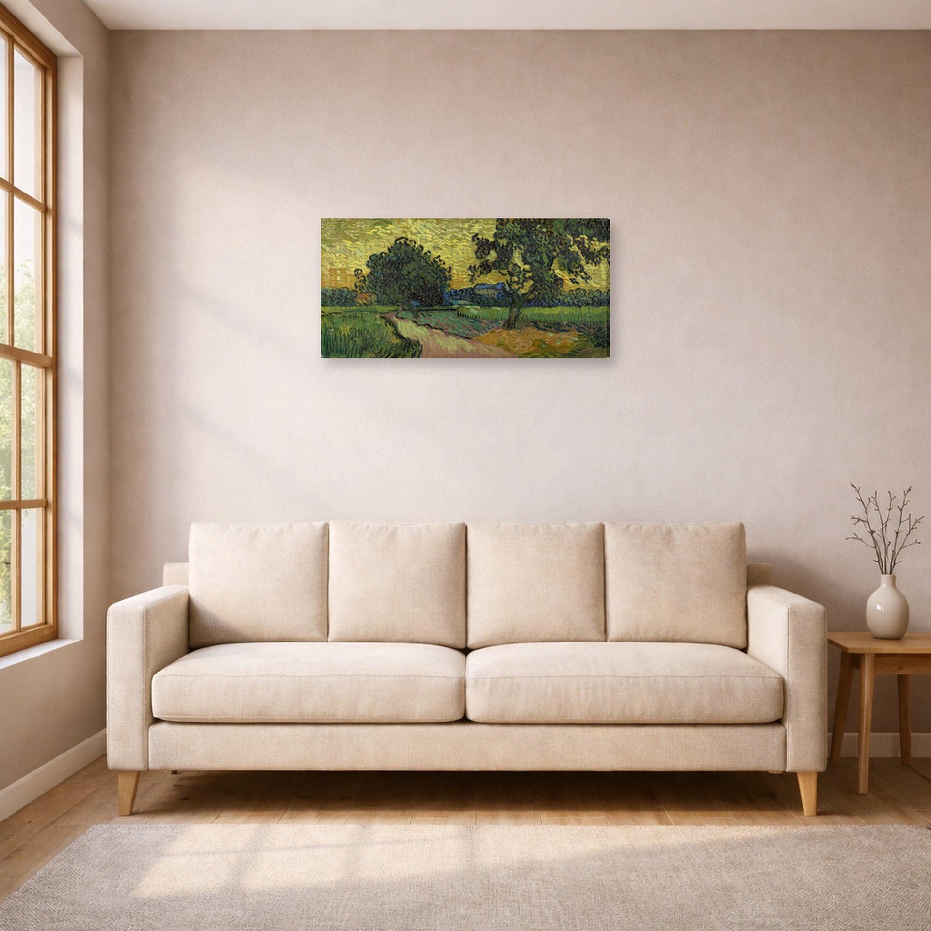 Gallery-wrapped canvas print of Vincent van Gogh's Landscape at Twilight displayed on a wall in a living room