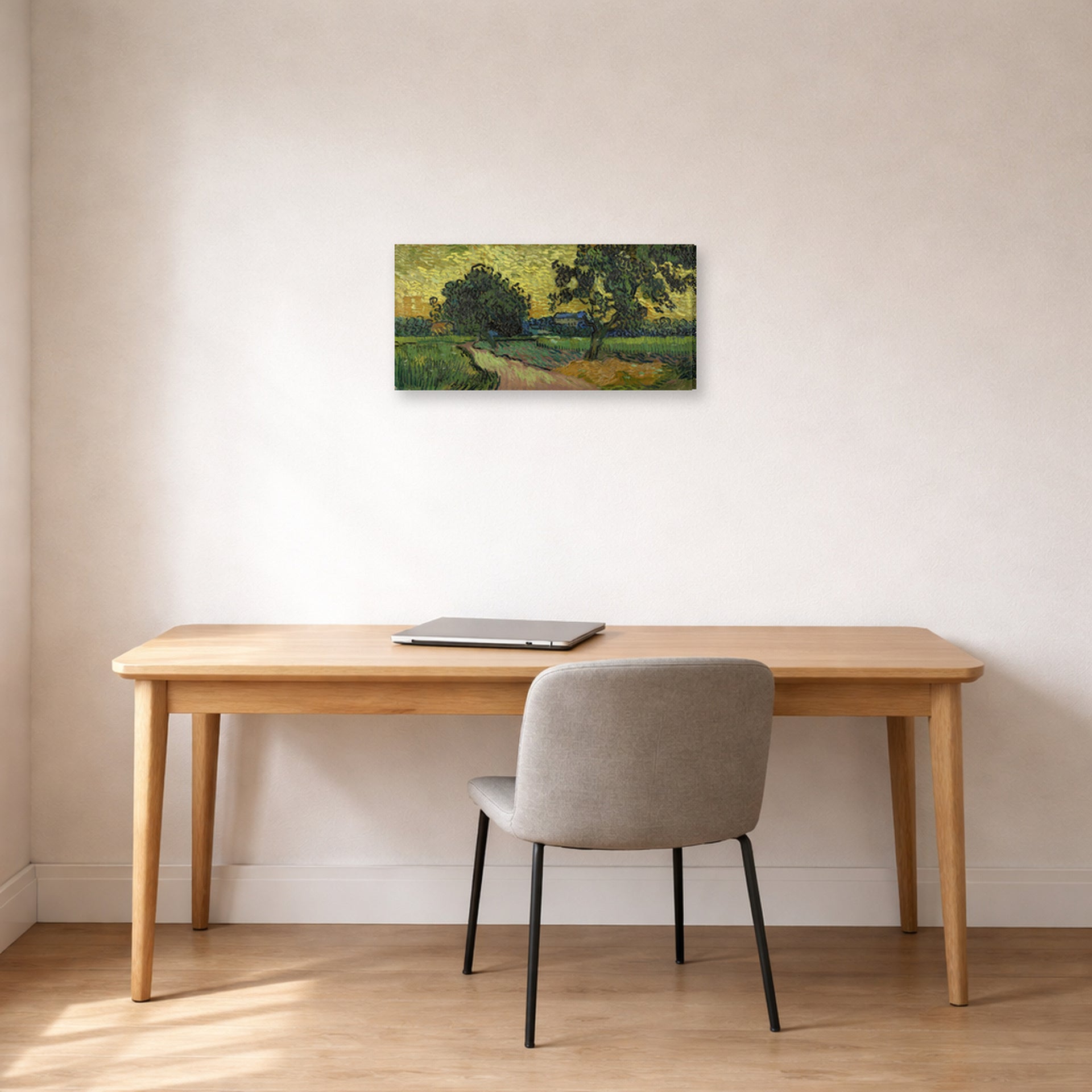 Gallery-wrapped canvas print of Vincent van Gogh's Landscape at Twilight displayed on a wall in a home office
