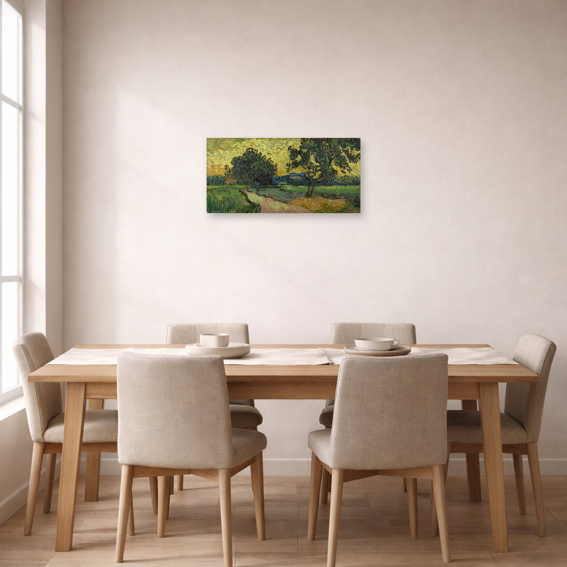 Unframed poster print of Vincent van Gogh's Landscape at Twilight displayed on a wall in a dining room