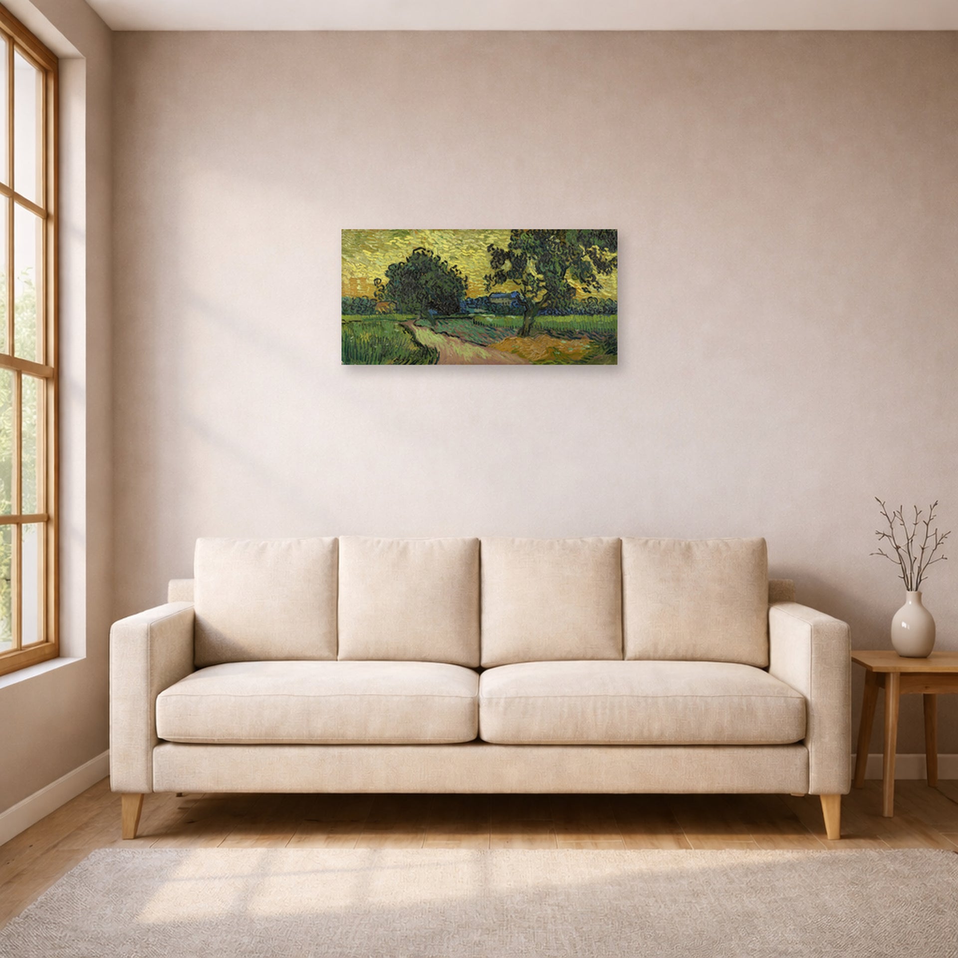 Unframed poster print of Vincent van Gogh's Landscape at Twilight displayed on a wall in a living room