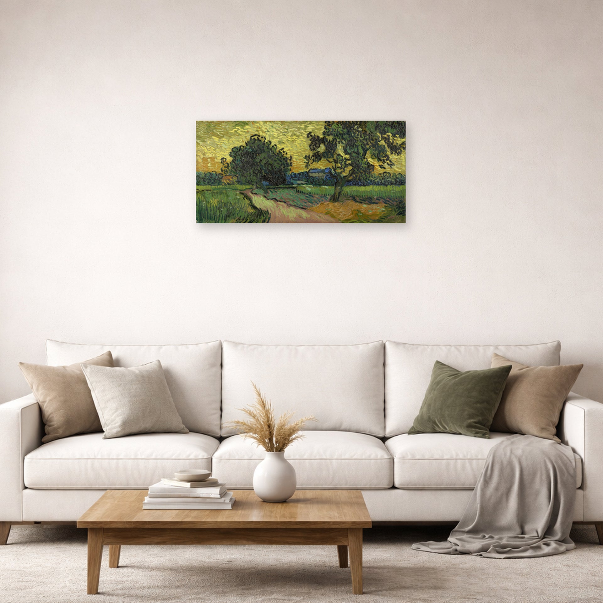 Unframed poster print of Vincent van Gogh's Landscape at Twilight displayed on a wall in a living room