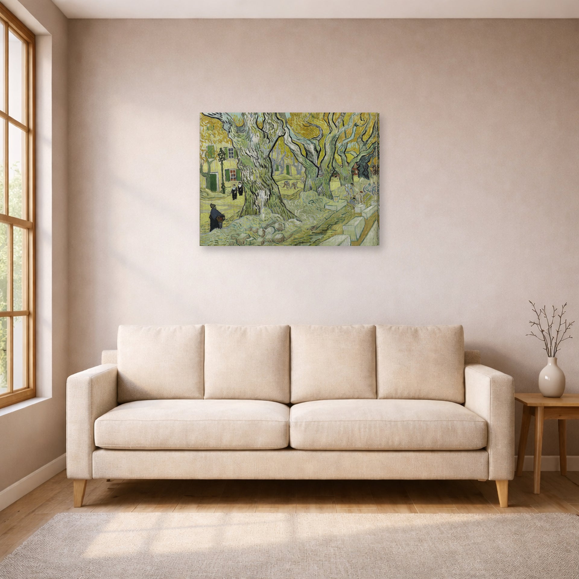 Gallery-wrapped canvas print of Vincent van Gogh's Large Plane Trees displayed on a wall in a living room