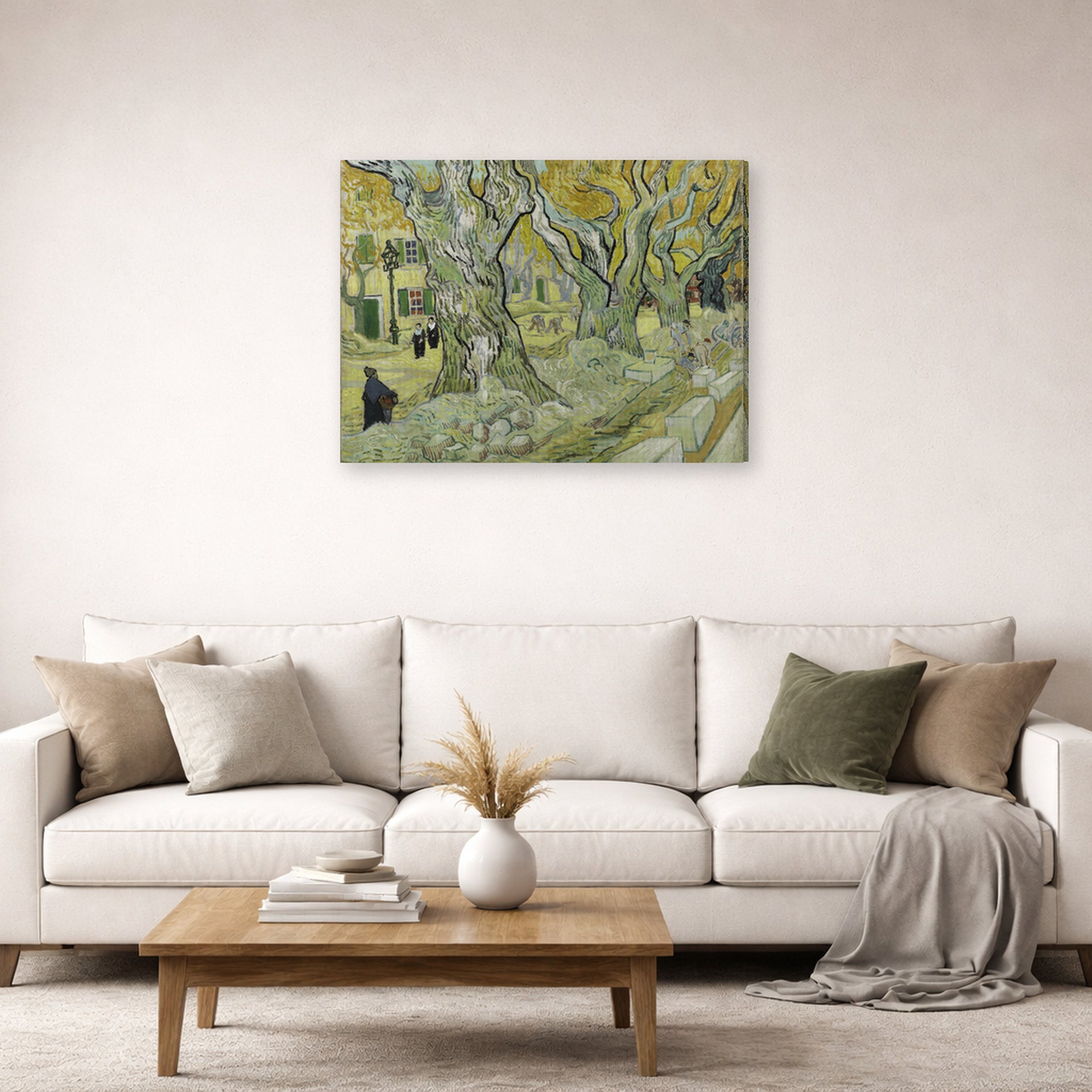 Gallery-wrapped canvas print of Vincent van Gogh's Large Plane Trees displayed on a wall in a living room