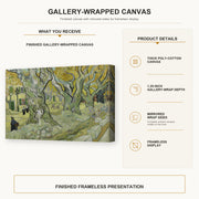 Vincent van Gogh - Large Plane Trees gallery wrap canvas construction and hanging details infographic