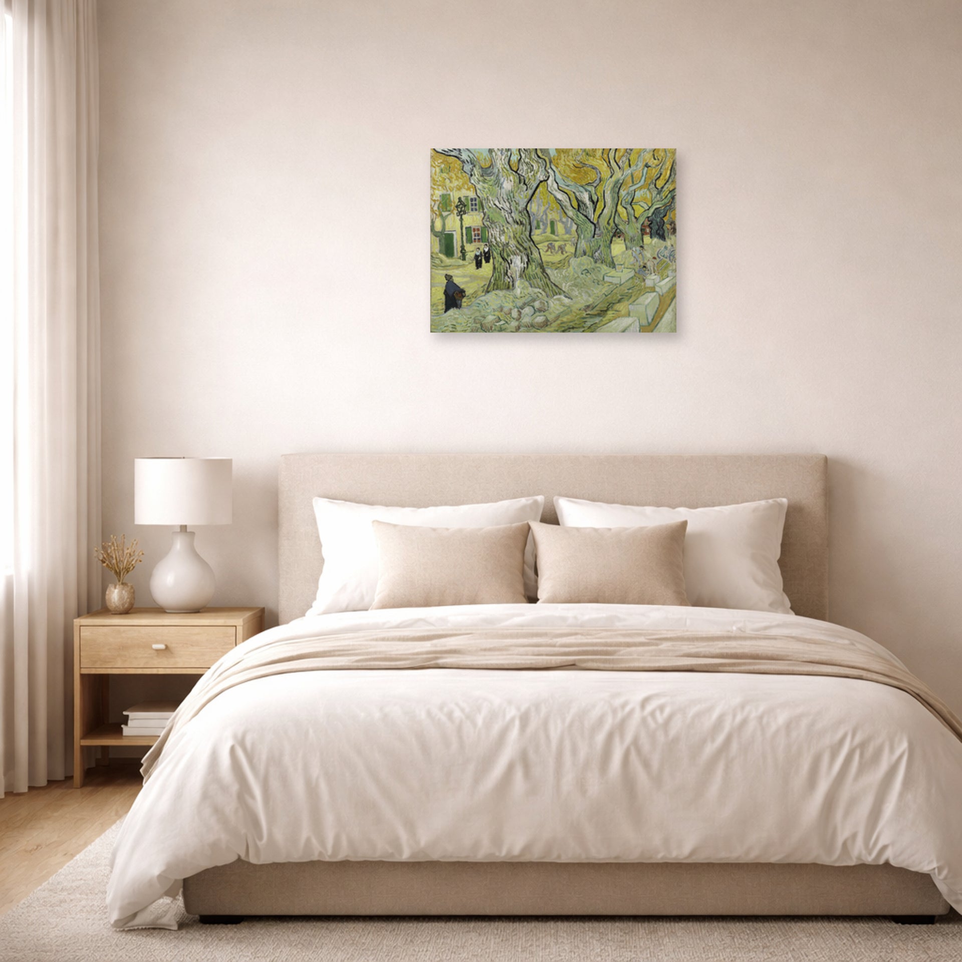 Unframed poster print of Vincent van Gogh's Large Plane Trees displayed on a wall in a bedroom