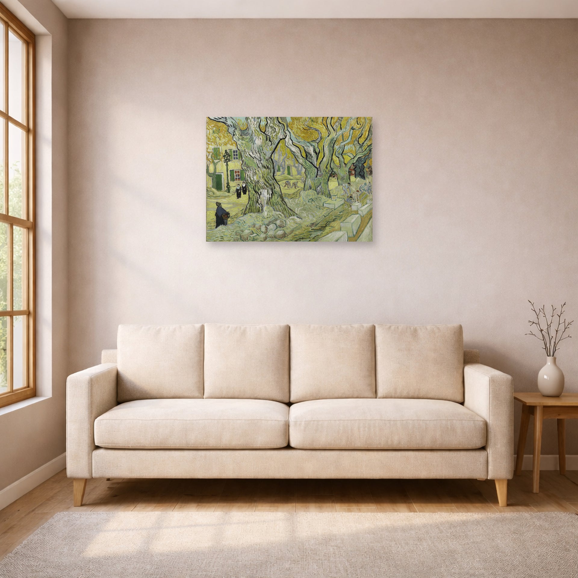 Unframed poster print of Vincent van Gogh's Large Plane Trees displayed on a wall in a living room