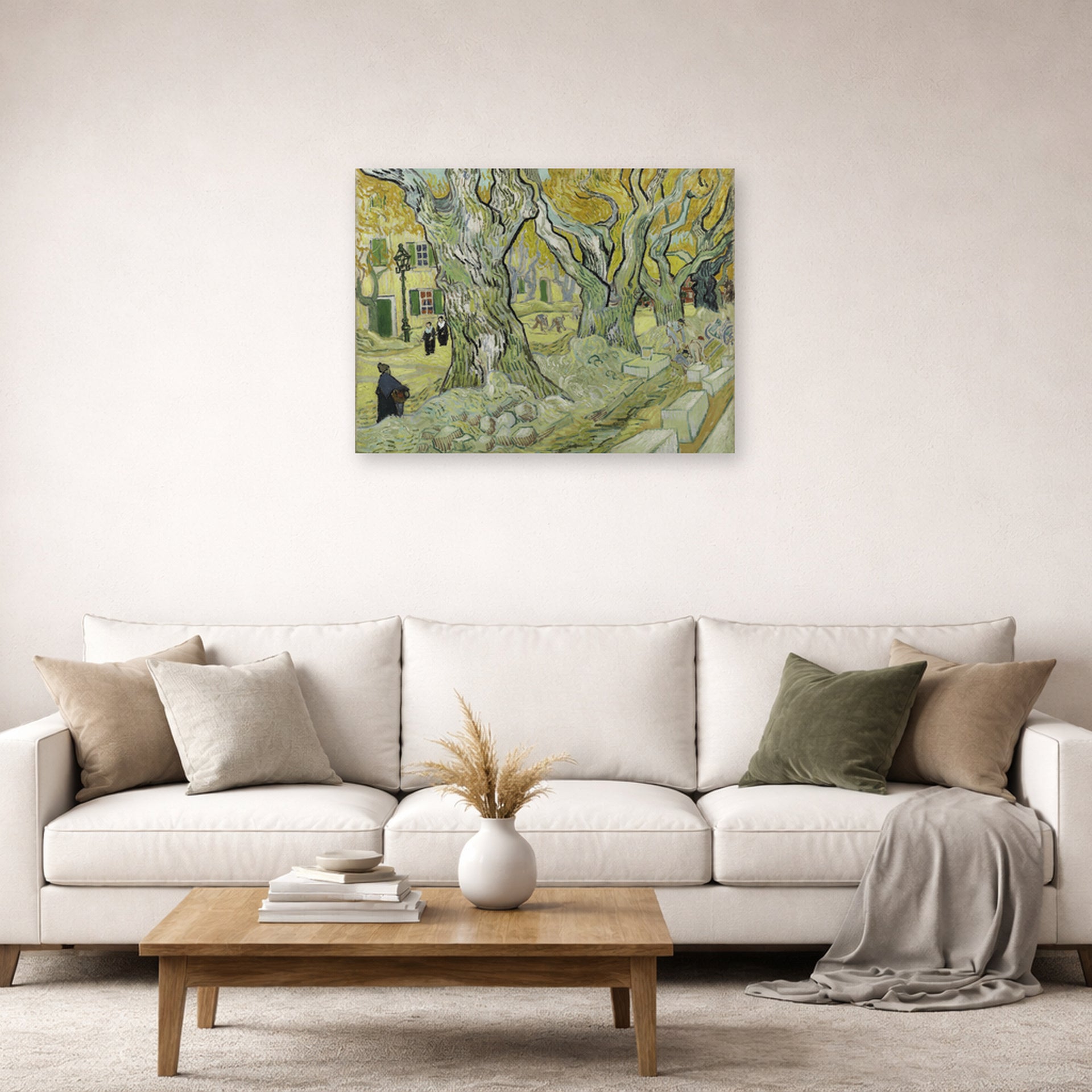Unframed poster print of Vincent van Gogh's Large Plane Trees displayed on a wall in a living room