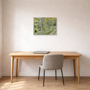 Unframed poster print of Vincent van Gogh's Large Plane Trees displayed on a wall in a home office