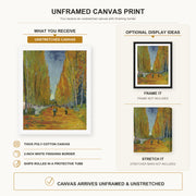 Vincent van Gogh - Les Alyscamps canvas print size comparison and framing display infographic
