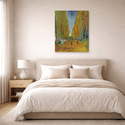 Gallery-wrapped canvas print of Vincent van Gogh's Les Alyscamps displayed on a wall in a bedroom