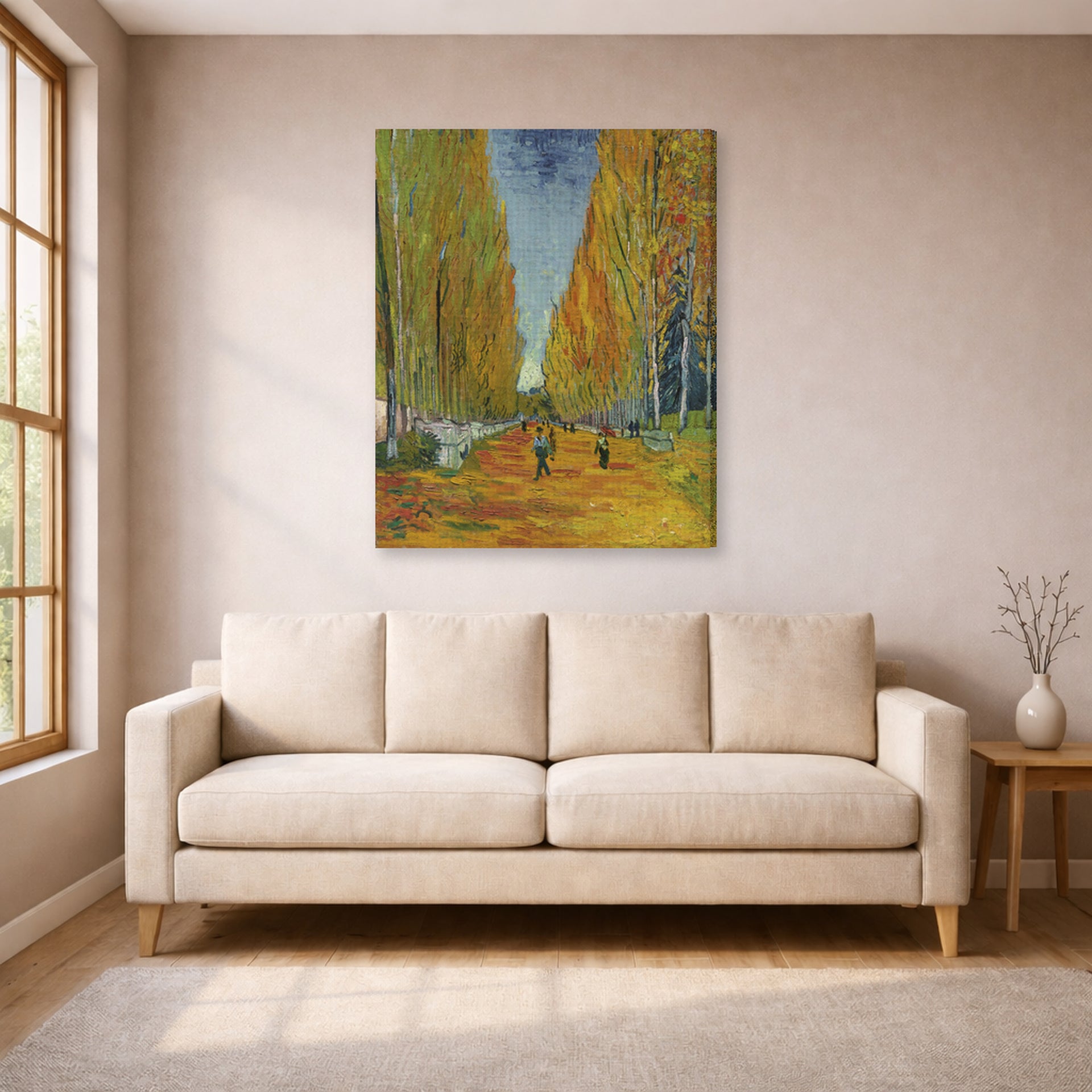 Gallery-wrapped canvas print of Vincent van Gogh's Les Alyscamps displayed on a wall in a living room