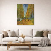 Gallery-wrapped canvas print of Vincent van Gogh's Les Alyscamps displayed on a wall in a living room
