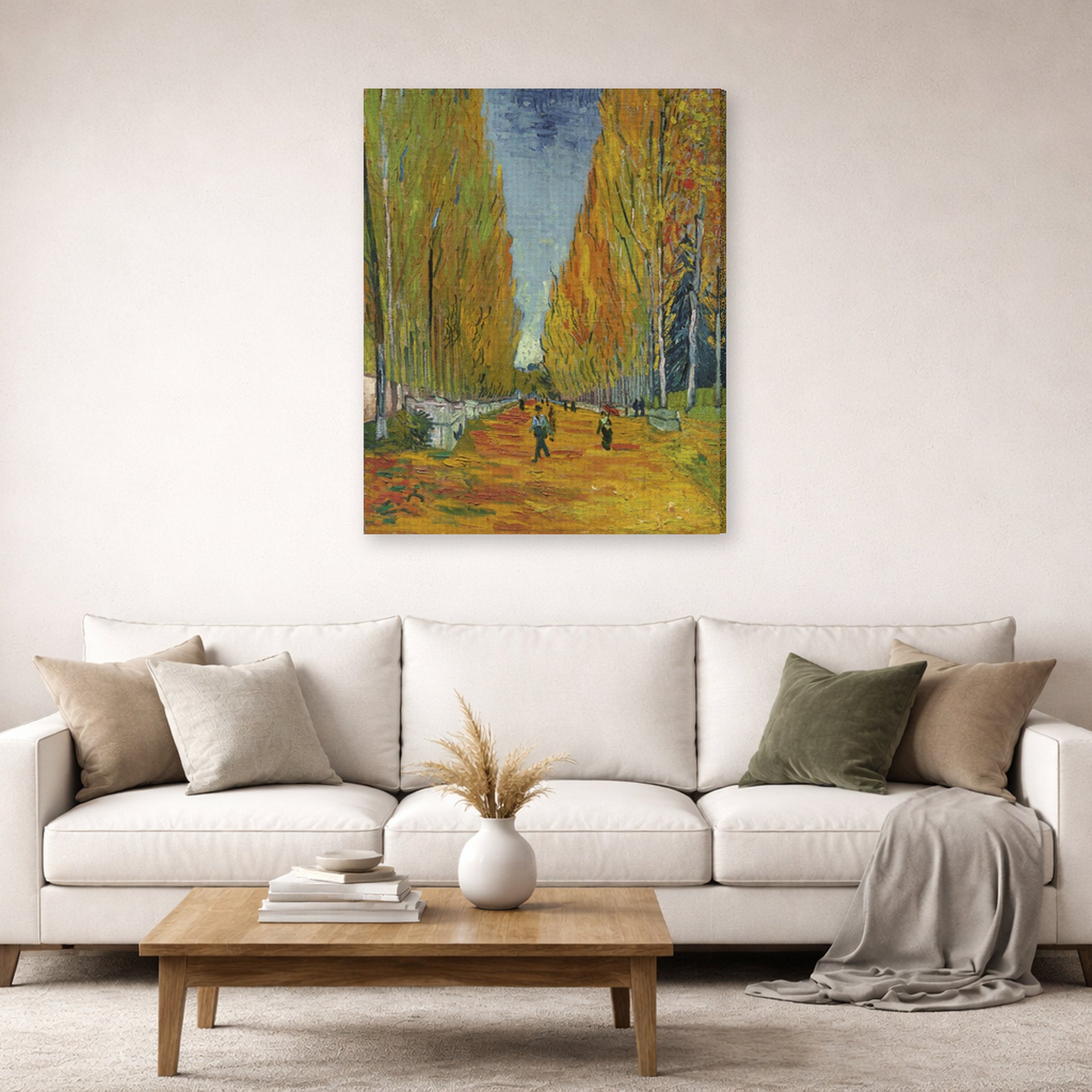 Gallery-wrapped canvas print of Vincent van Gogh's Les Alyscamps displayed on a wall in a living room